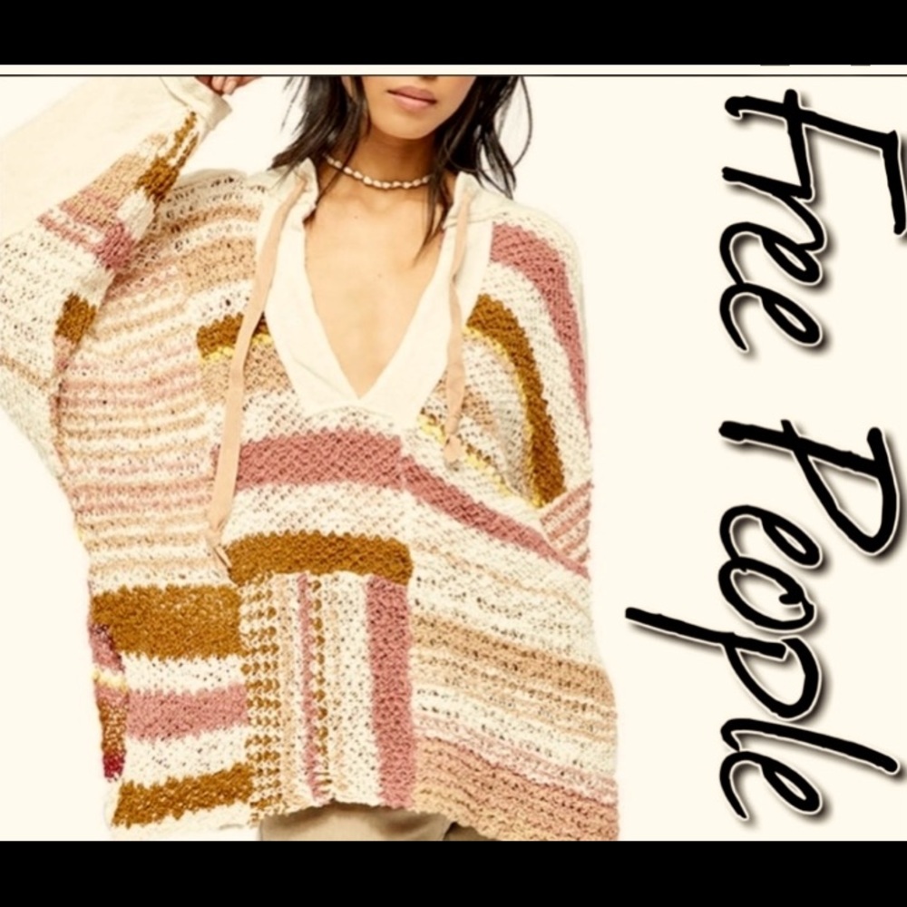 Free People Striped Crochet Tunic Sweater in Pink, Cream & Mustard